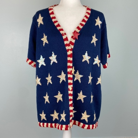 The Quacker Factory Button Down Knit Sweater American Flag Academia Size Large - Picture 4 of 16